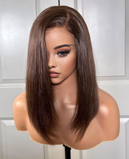 Finesse Luxury Hair -Premium Chocolate Brown Sleek Long Bob Cut Human Hair Wig