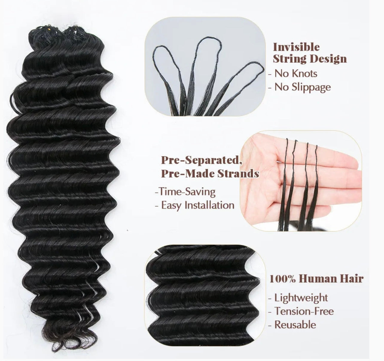 Crochet Deep-Wave Human Hair, High Quality Pre-Streched, Tangle Free & Long Lasting. Easy DIY Install- Natural Texture & Soft Bouncy Feel